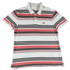 Levi's Polo Shirt Mens L Gray Red Striped Standard Fit Jersey Knit Short Sleeve